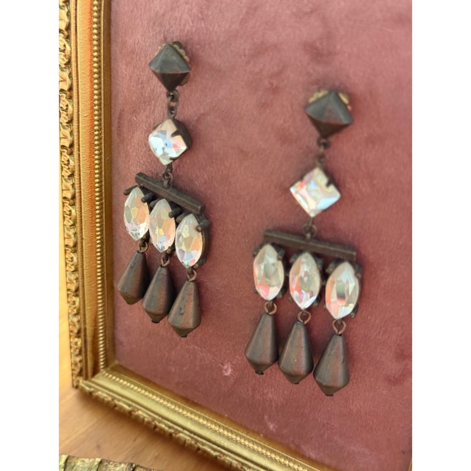 Vintage Signed Gerard Yosca Brass Crystal Chandelier Statement Earrings